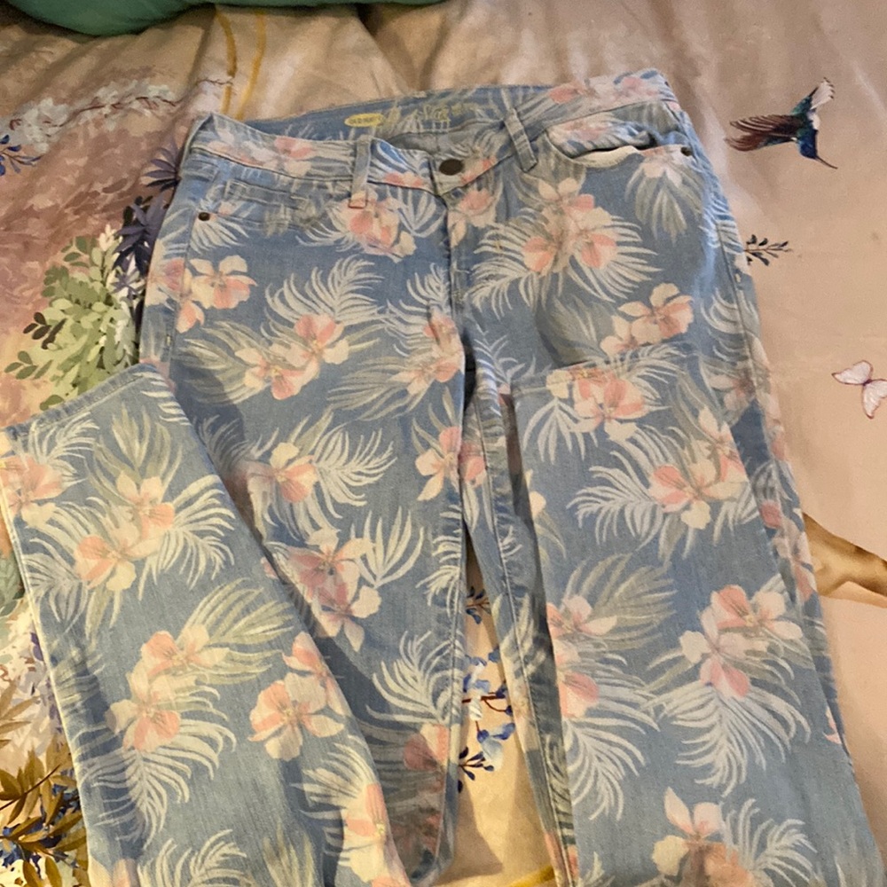 OLD NAVY ROCK STAR JEANS LUAU PINK & BLUE FLORAL PRINT SIZE 4 REGULAR